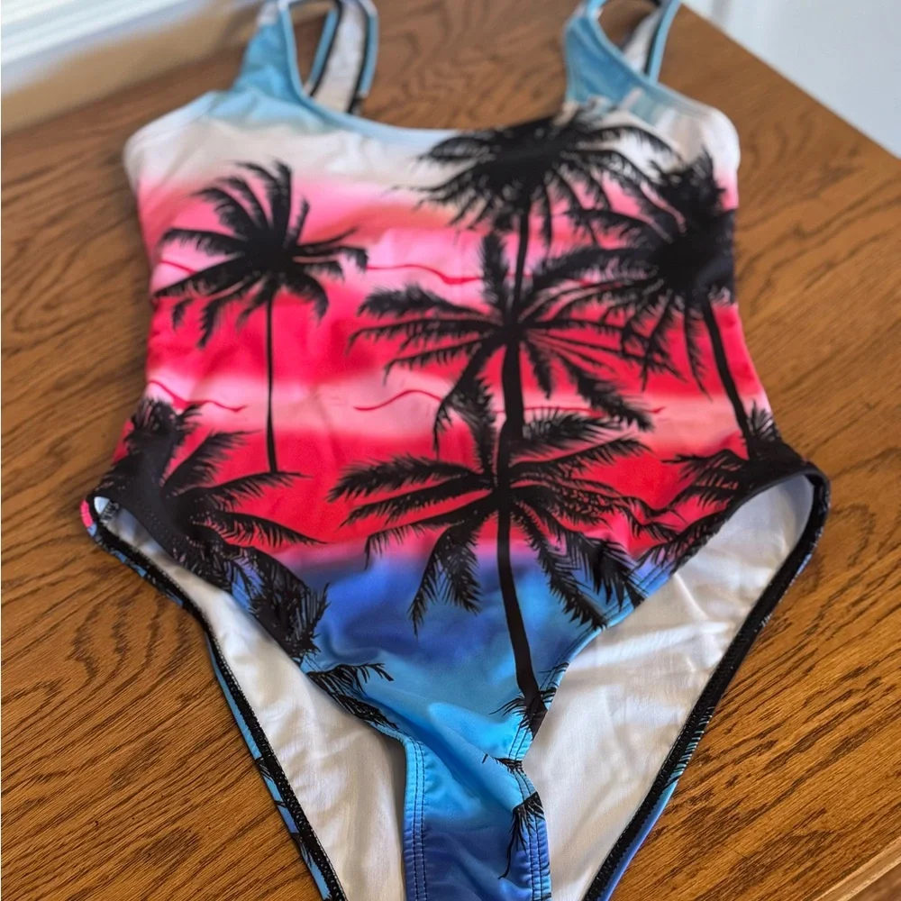 SHEIN BRAND, Women’s Sz (S) One-Piece Tropical Palm Tree Swimsuit - Pink & Blue - Picture 10 of 10